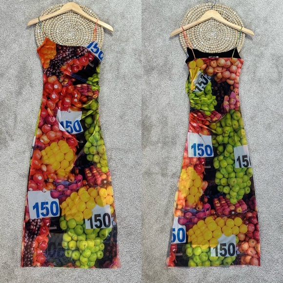 Zara Ruched Mesh Maxi Dress Strappy Sleeveless Fruit Stand Print Colorful Size S - Picture 3 of 14
